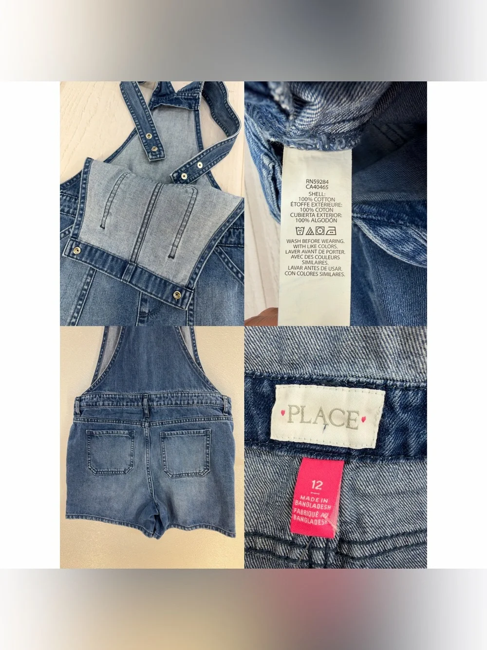 PLACE Girls Denim Short Overalls Size 12 Blue Cotton Bib Shortalls Romper